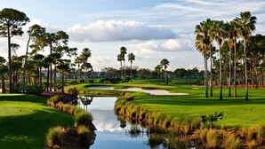 A golf course with a pond, palm trees, and a clear sky.
