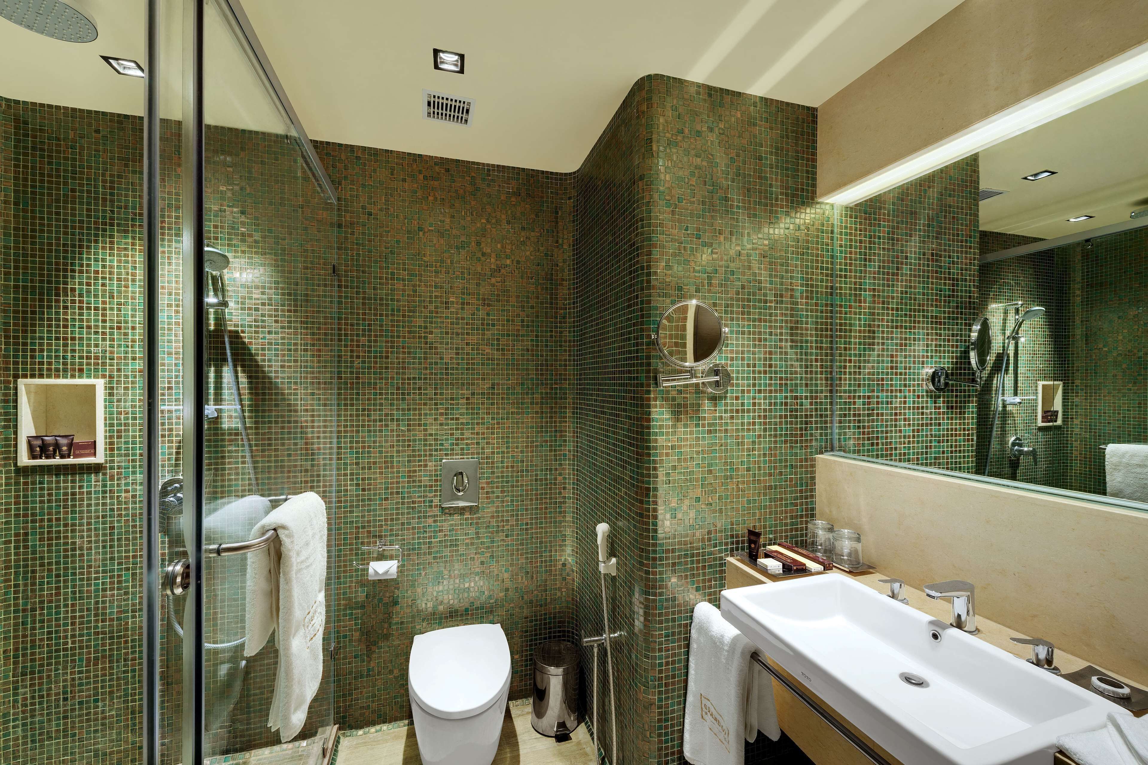 A modern bathroom with a glass shower enclosure, a white toilet, and a large sink with a mirror.