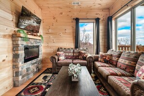 Smart TV, fireplace, foosball