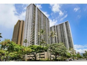 Surrounded by lush greenery, this high-rise building offers a tranquil atmosphere.