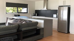 A modern kitchen with a built-in island, stainless steel appliances, and a grey sofa with cushions. - MOONRISE BINALONG BAY Stunning views  (Binalong Bay)