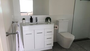 A modern bathroom with a white vanity, a toilet, and a mirror above the sink. - MOONRISE BINALONG BAY Stunning views  (Binalong Bay)