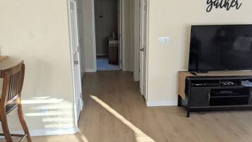 A living room with a TV, a wooden floor, a rug, and a door leading to another room.