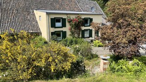 Une maison à deux étages, avec un toit recouvert de tuiles, des volets verts et un jardin agrémenté d’arbustes à fleurs jaunes.
