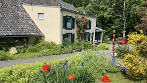 Une maison avec un toit en pente, des volets verts et un jardin où poussent des coquelicots et d’autres fleurs.