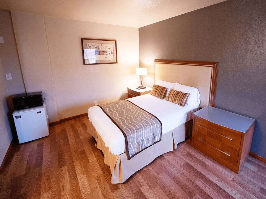 A hotel room with a bed, bedside table, lamp, and a small refrigerator.