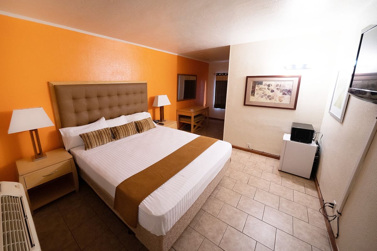 A hotel room with a large bed, bedside tables, a desk, a refrigerator, and a framed picture on the wall.