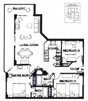 Plano de planta de un hotel con balcón, sala de estar y comedor, cocina, dos dormitorios, un dormitorio principal y un baño.