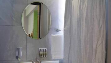 Shower, towels, soap, toilet paper