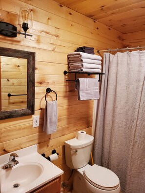 Combined shower/tub, hair dryer, towels, soap - Aspen Grove Cabin (Tetonia)