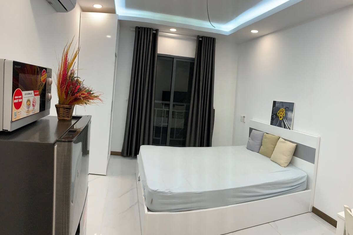 Quarto de hotel moderno com cama, televisão, planta e janela com cortinas.