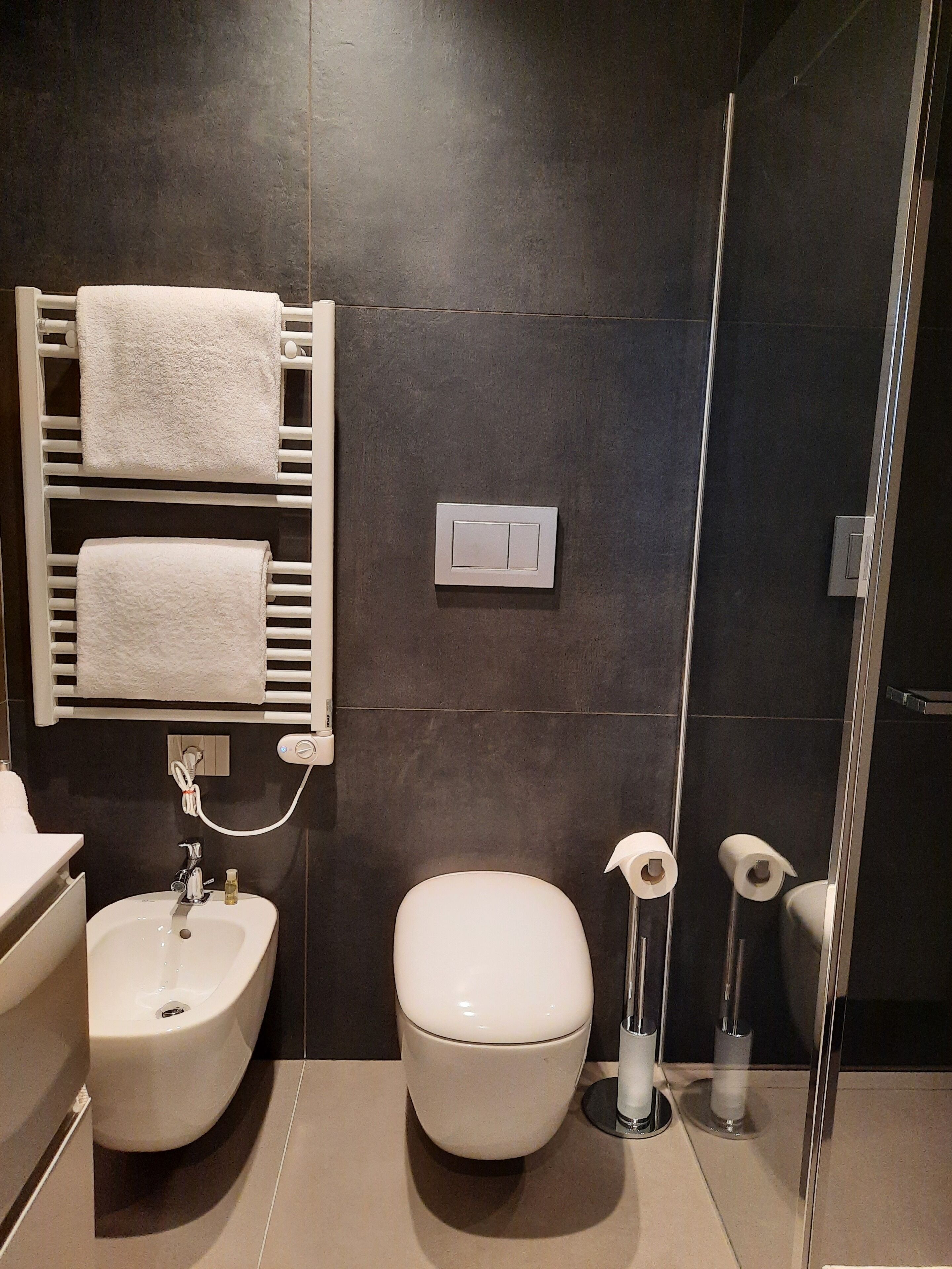 Moderni kylpyhuone, jossa on bidee, wc ja pyyhekoukku.