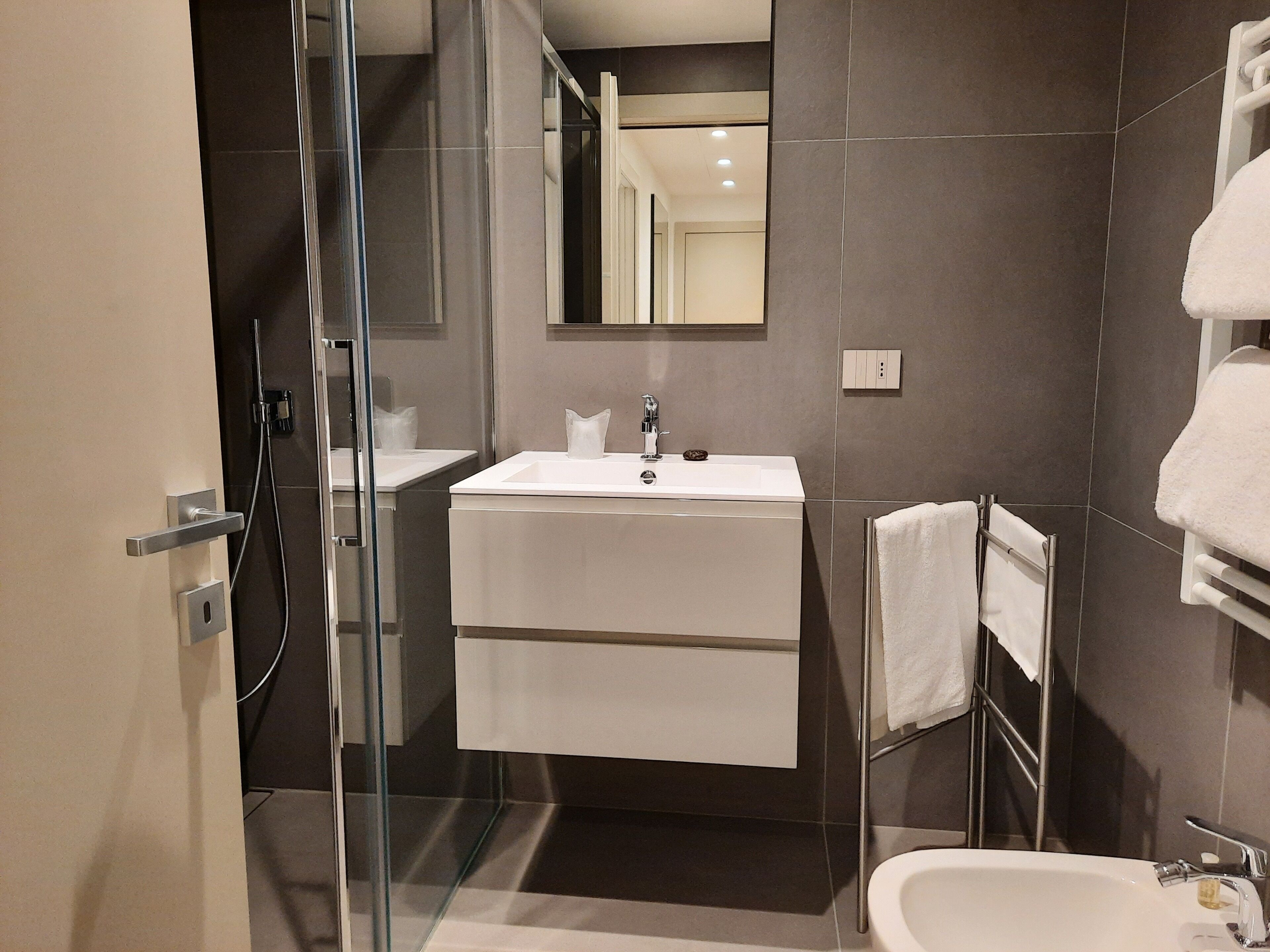 A modern bathroom with a glass shower enclosure, a white sink, and a mirror above it.
