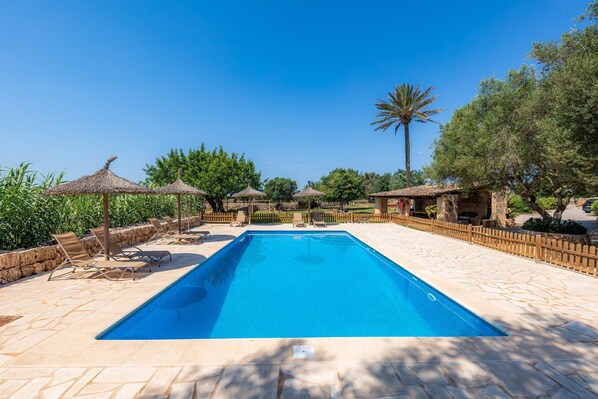 A rectangular swimming pool with lounge chairs and thatched umbrellas, surrounded by stone tiles and greenery.