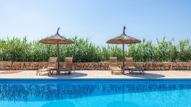A swimming pool with lounge chairs and thatched umbrellas, surrounded by a stone wall and tall vegetation. - Agroturismo 'Ponent' with Mountain Views, Shared Pool and Wi-Fi (Llucmajor)