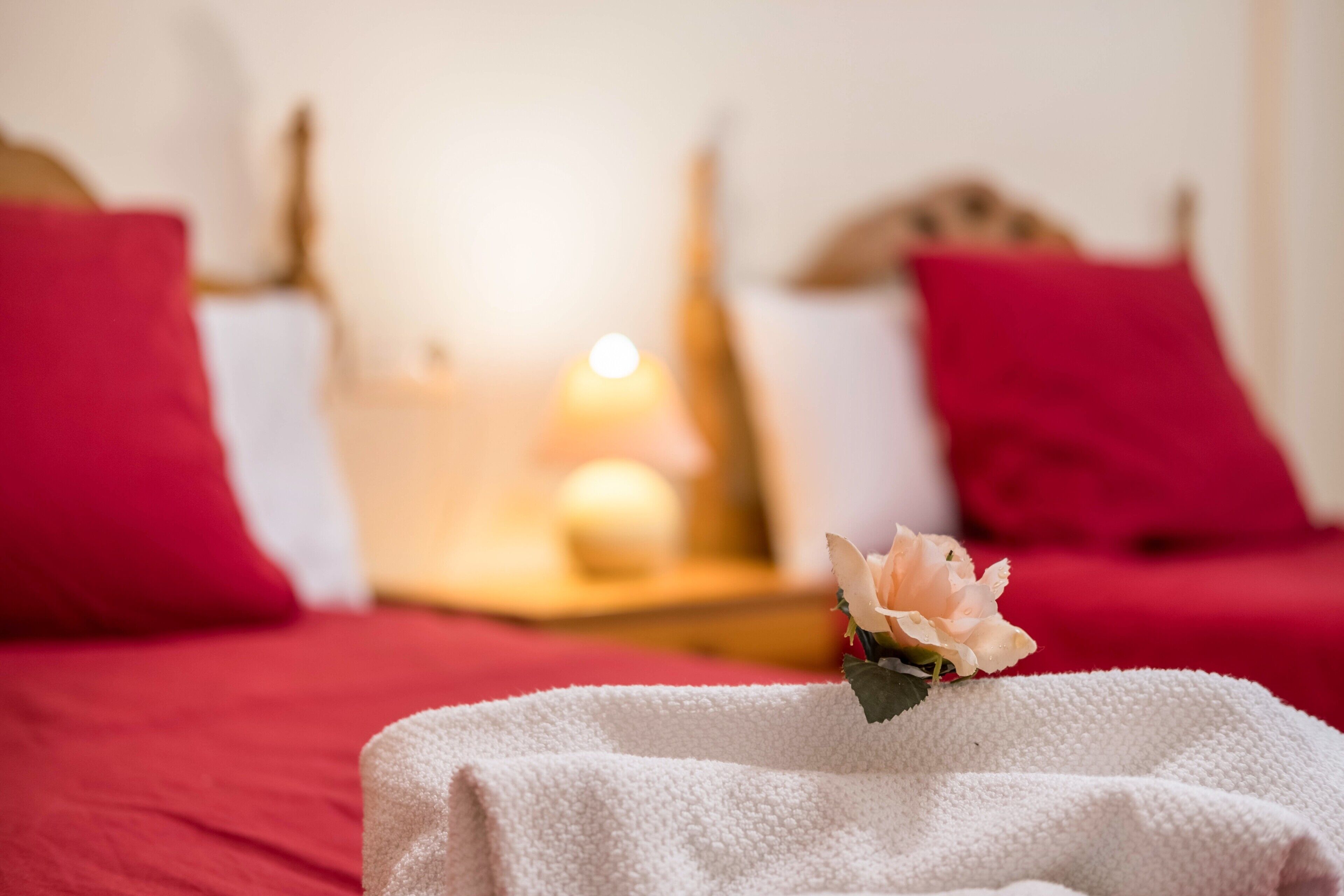 A bed with red bedding, a white towel, and a single rose.
