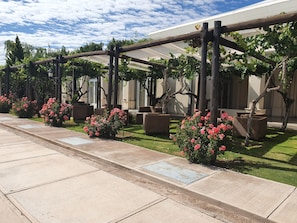 A covered outdoor seating area with pergolas, potted plants, and a paved walkway. - Casa Agostino - Luxury wine resort (Fray Luis Beltrán)