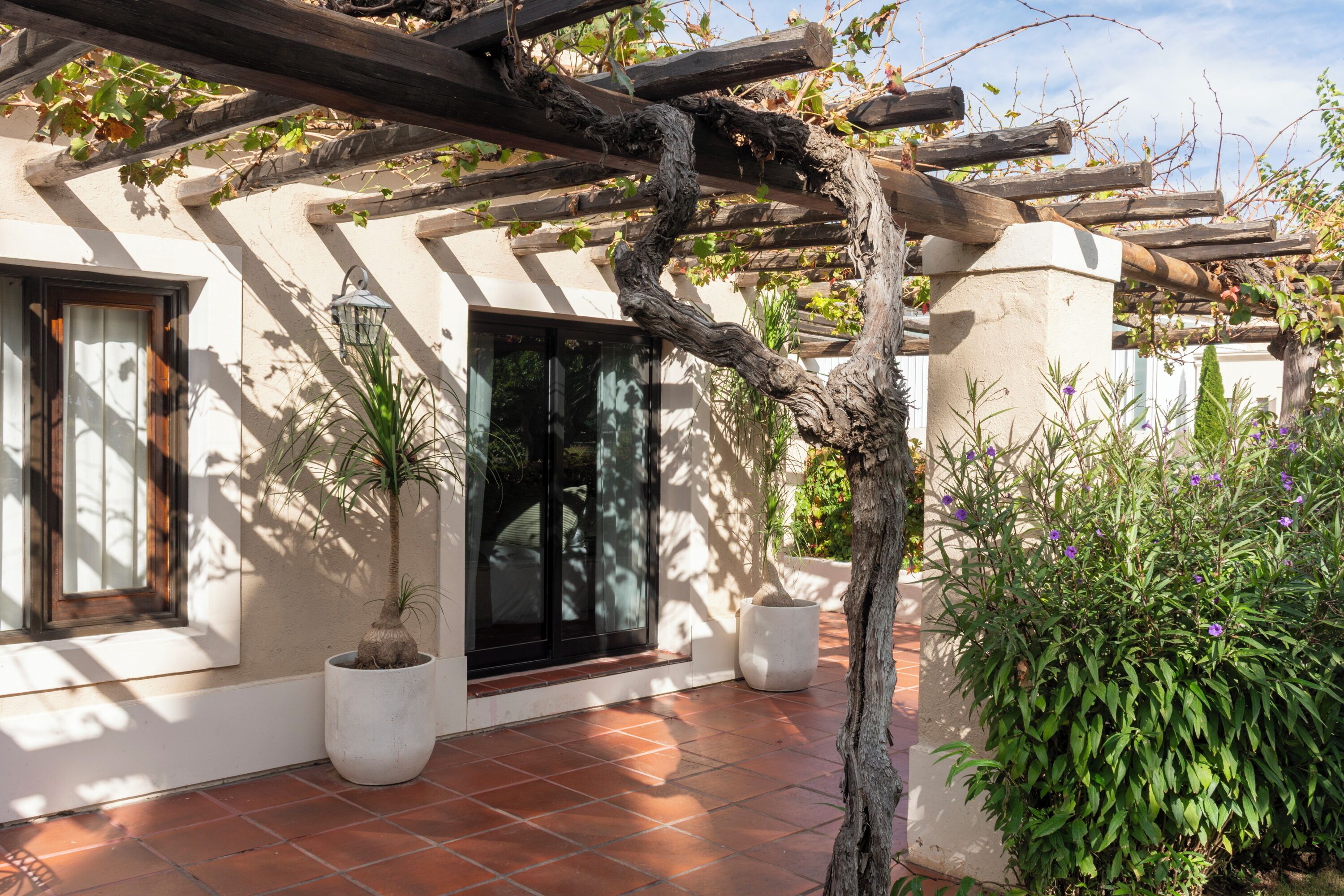 Un espace extérieur abrité, doté d’une pergola, de plantes en pot et d’un sol carrelé.