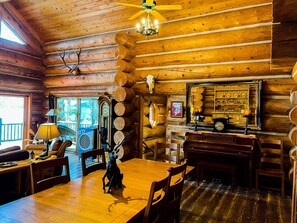 TV connectée, cheminée, lecteur de DVD, livres