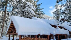 Eine Holzhütte mit schneebedecktem Dach, umgeben von schneebedeckten Bäumen.