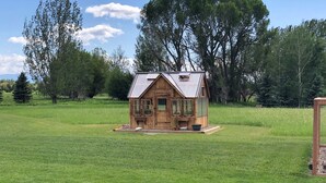 Una cabaña de madera con techo metálico en un campo cubierto de hierba, rodeada de árboles.