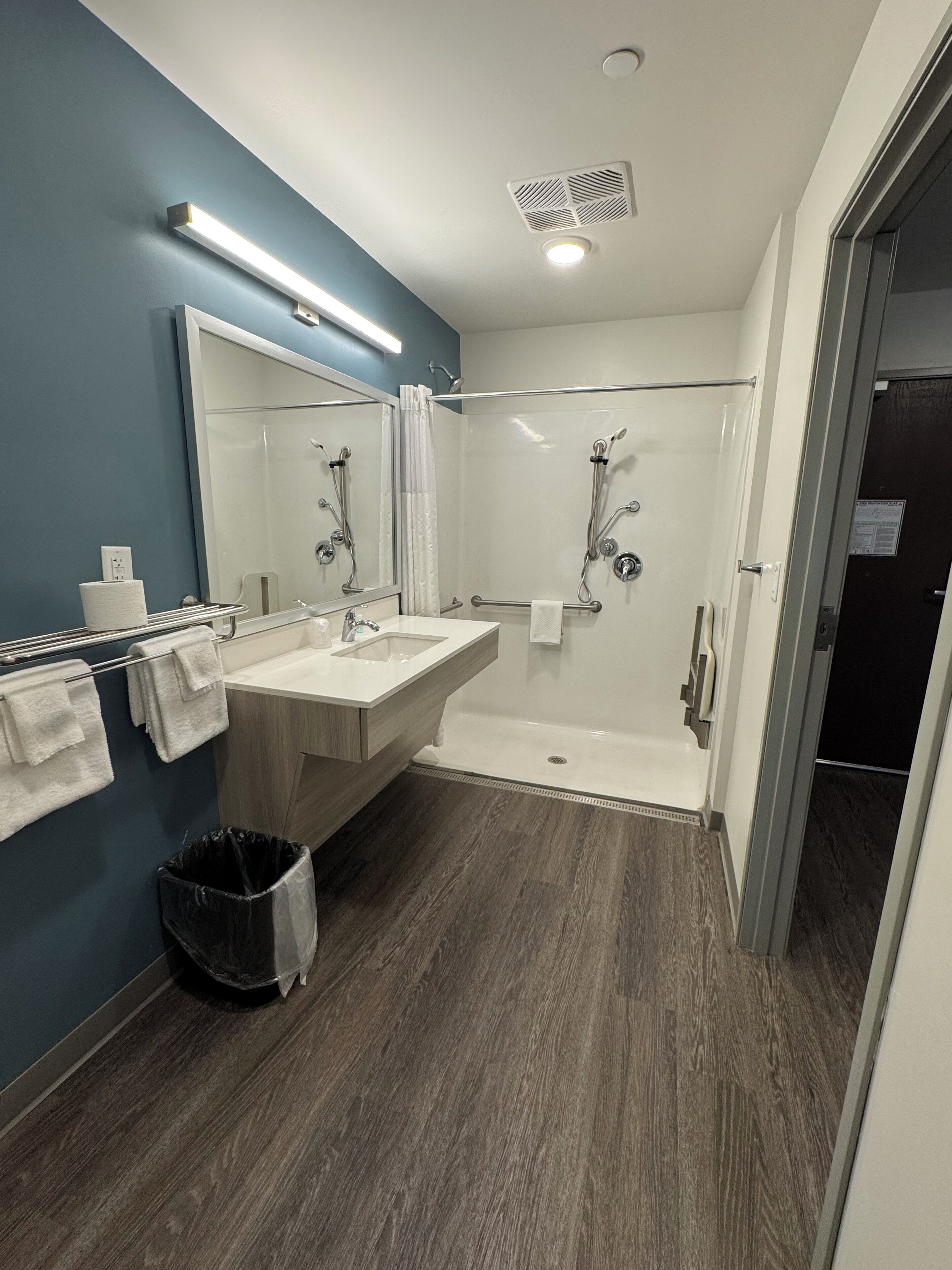queen suite w/ dishwasher (dishes/cookware included) accessible roll-in shower | bathroom | hair dryer