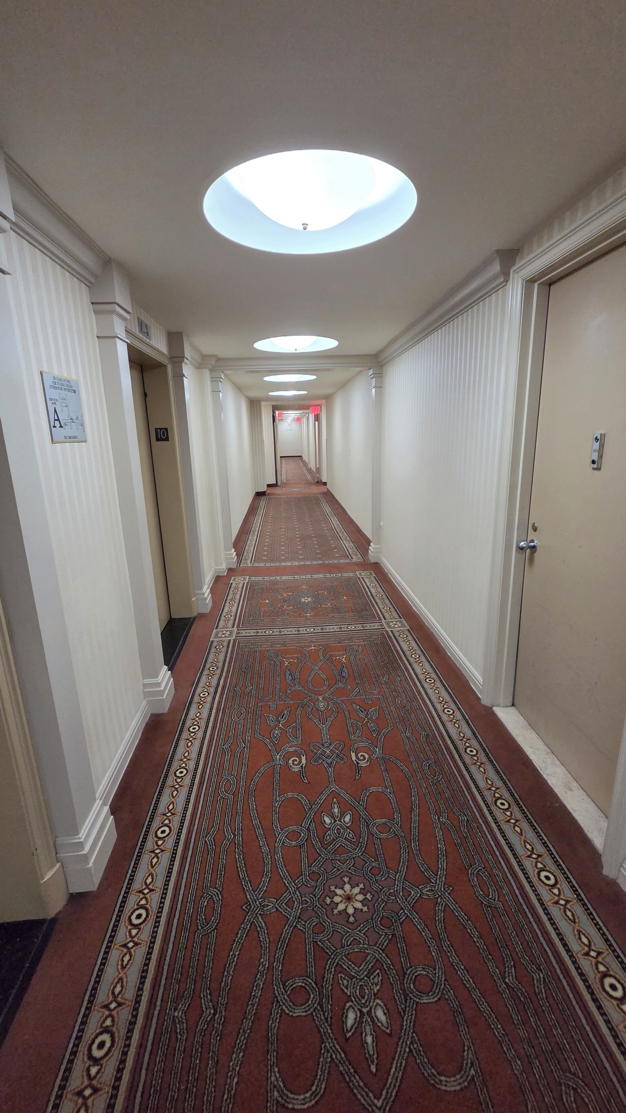 A hotel hallway with a patterned carpet, white walls, and doors on both sides.