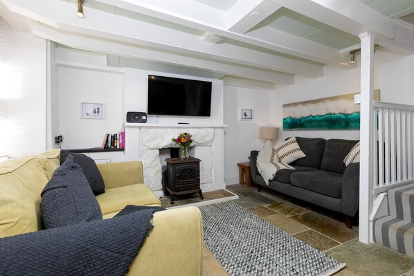 A living room with a fireplace, a television, and a sofa. - Breaking Waves, Downalong, St Ives - Sleeps 6– Dog Friendly (St Ives)