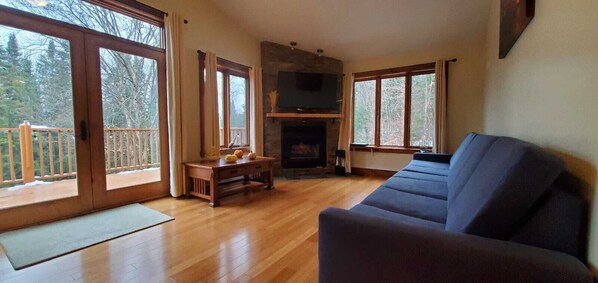 Smart TV, fireplace, video games, DVD player