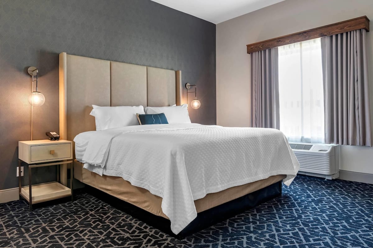 A hotel room with a large bed, a bedside table, a wall-mounted lamp, and a window with curtains.