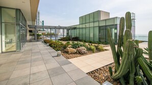 Een modern gebouw met glazen gevels, een verhard voetpad en een aangelegde tuin met cactussen.
