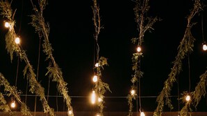 A couple dancing in front of a floral backdrop with hanging lights.