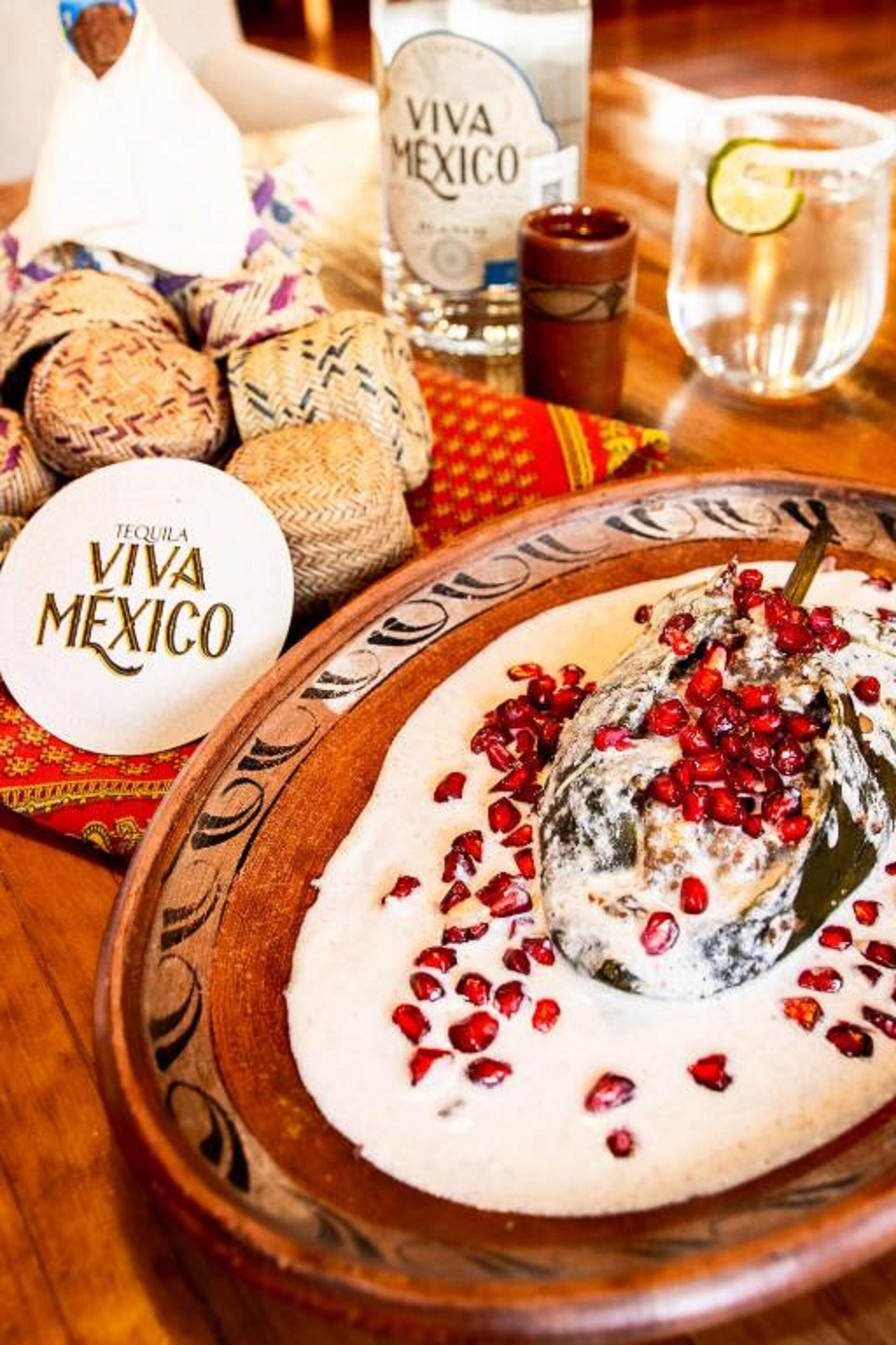 A traditional Mexican dish, a mole poblano, served on a decorative plate with a wooden table background.