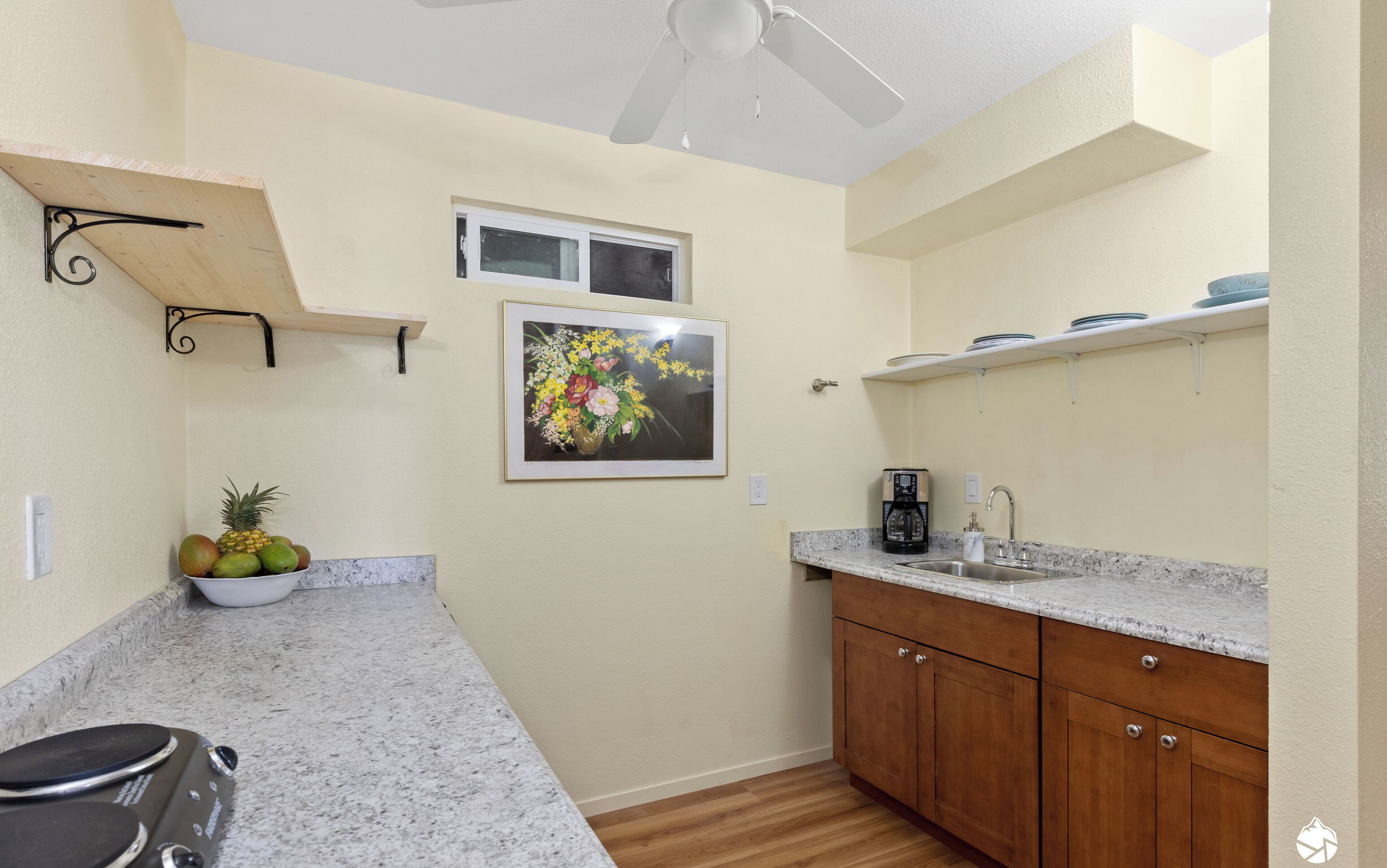 Fridge, microwave, coffee/tea maker, electric kettle