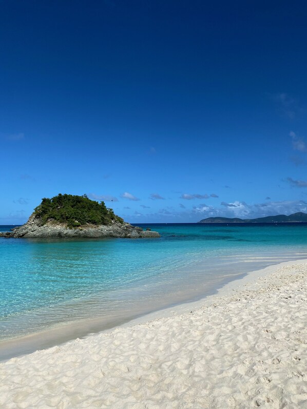 On the beach, sun-loungers, beach towels