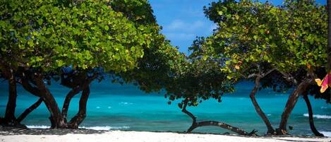 On the beach, sun-loungers, beach towels