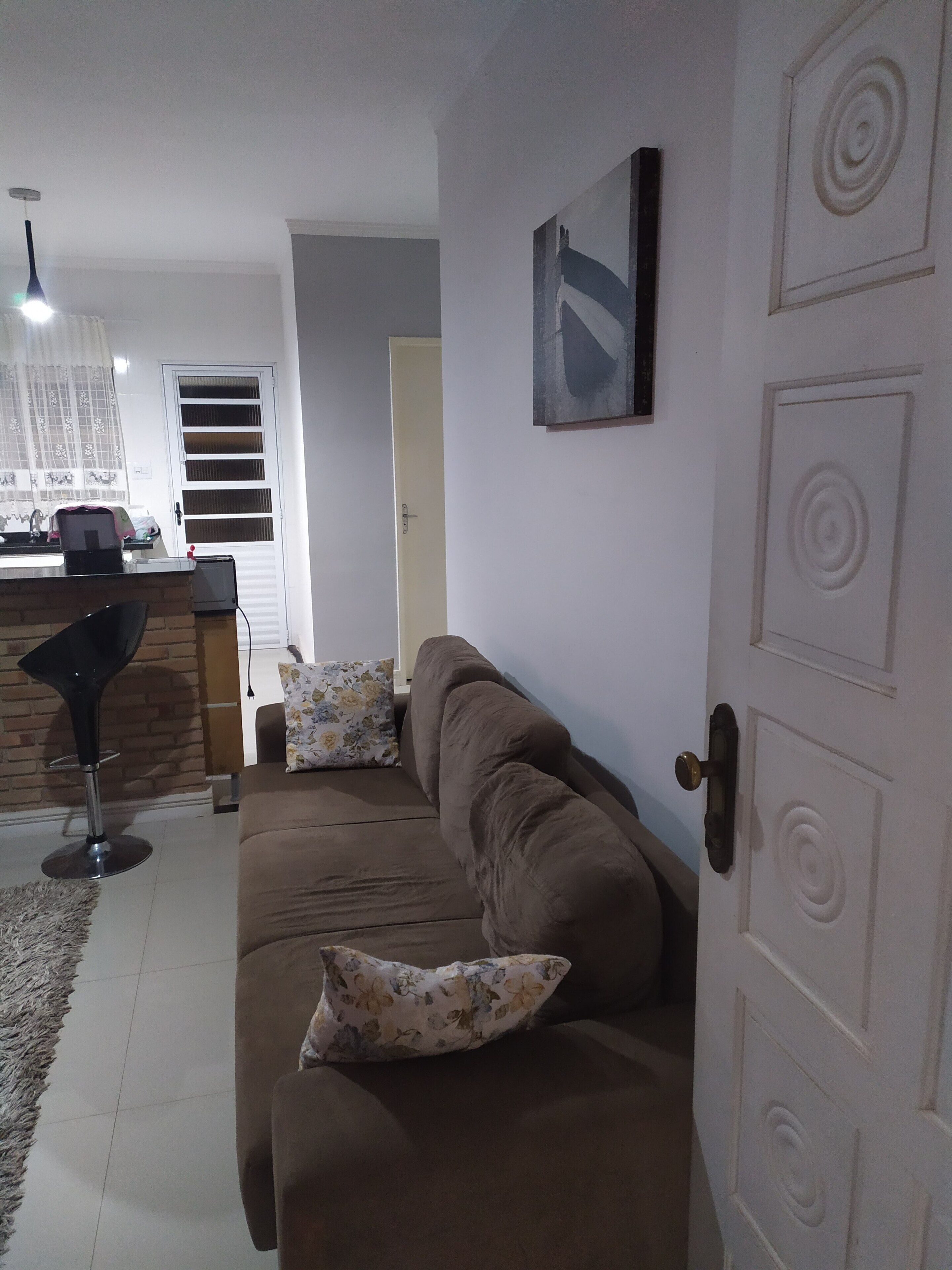 A living room with a brown sofa, a patterned pillow, a modern pendant light, and a door with decorative molding.