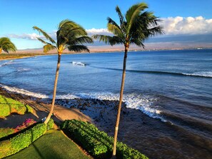 On the beach, sun loungers, beach towels