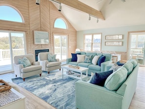 Smart TV, fireplace, books