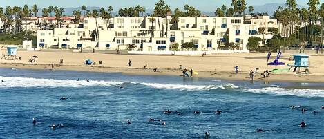 On the beach, sun loungers