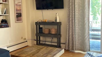 Smart TV, fireplace, books