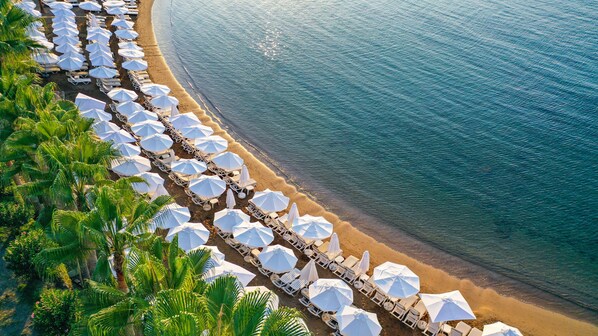 Sillas reclinables de playa, sombrillas, toallas de playa