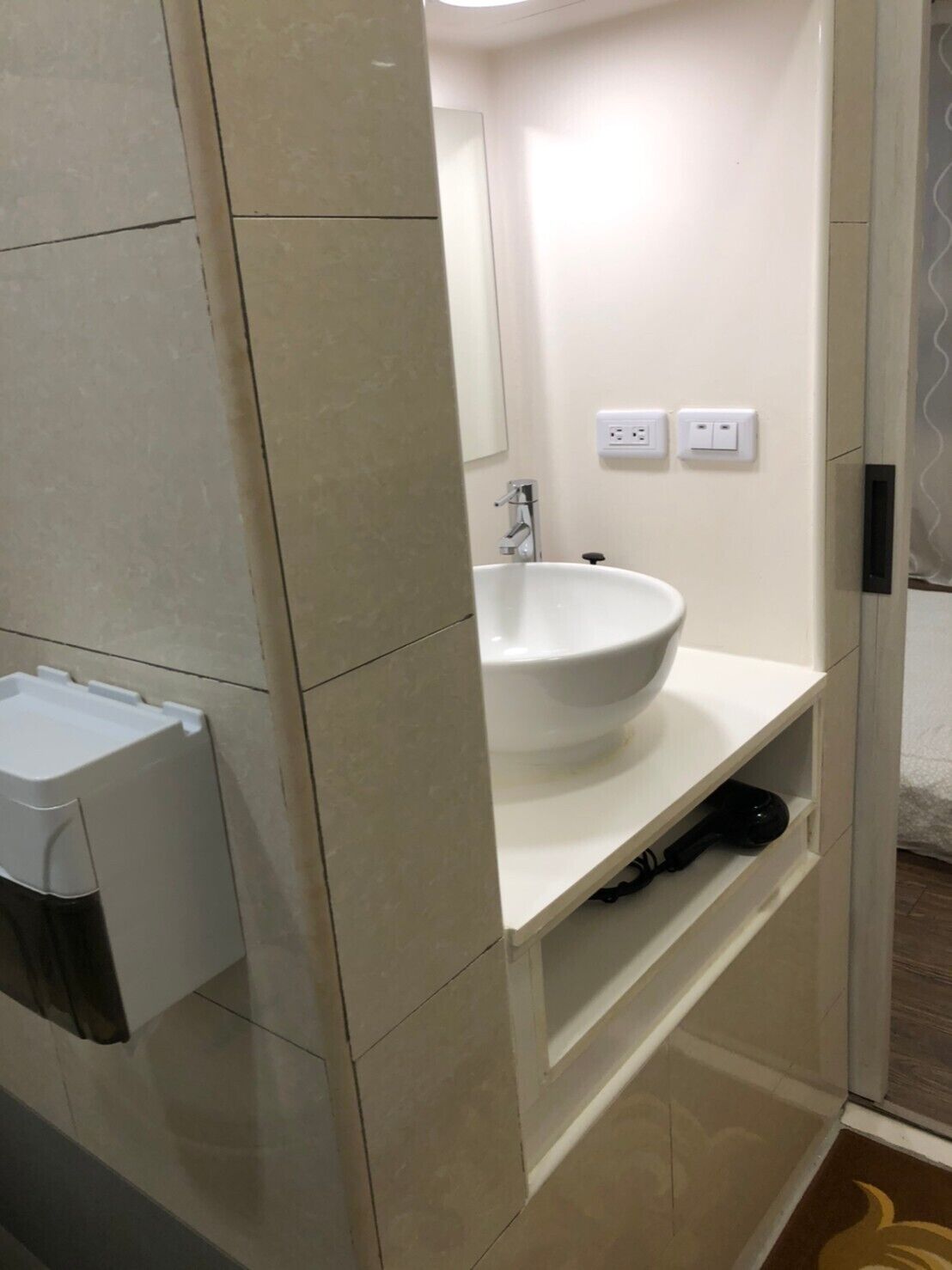 Shower, rainfall showerhead, hair dryer, soap