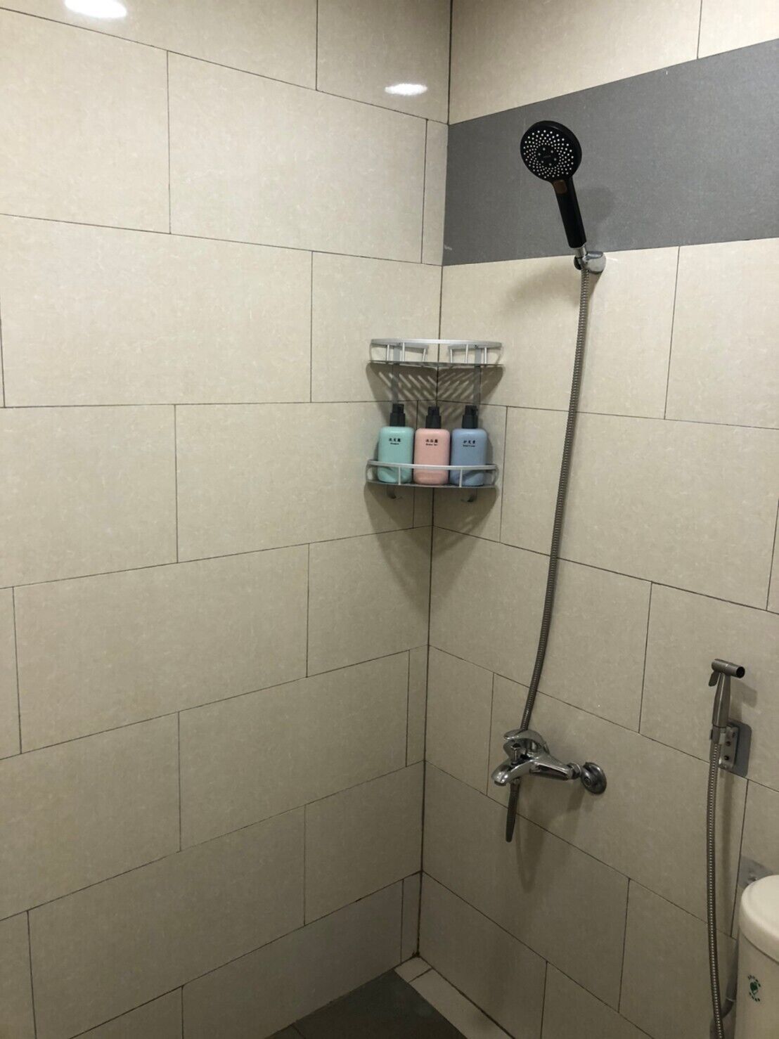 Shower, rainfall showerhead, hair dryer, soap