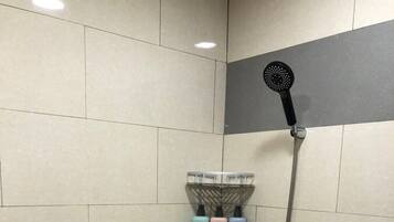 Shower, rainfall showerhead, hair dryer, soap