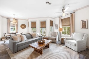 Flat-screen TV, DVD player, video library, stereo