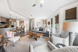 Flat-screen TV, DVD player, video library, stereo