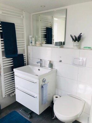 Douche, séchoir à cheveux, serviettes fournies, savon