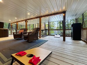 TV, fireplace, DVD player, video library