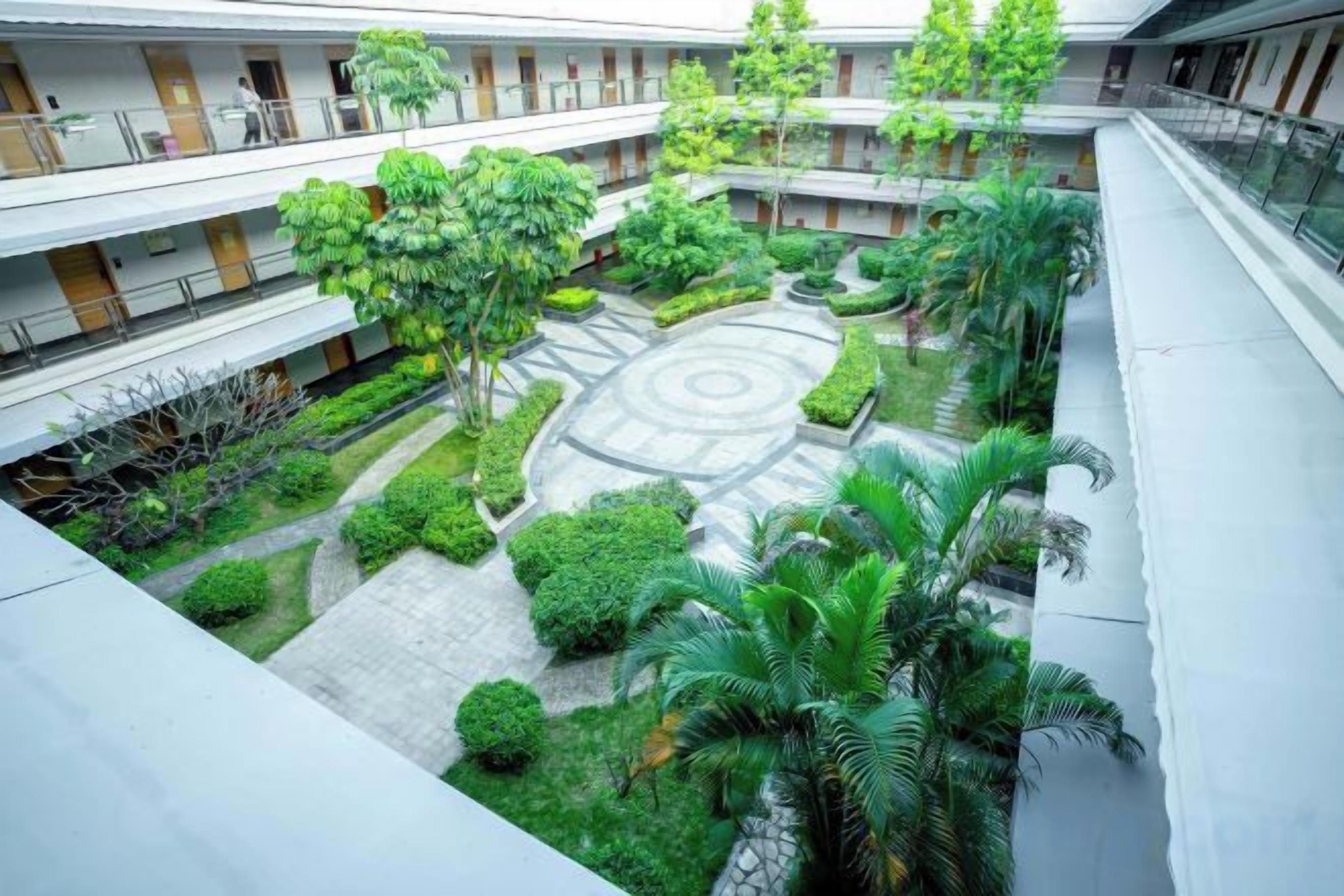 Un patio de varios niveles con vegetación, un jardín circular y un edificio con balcones.